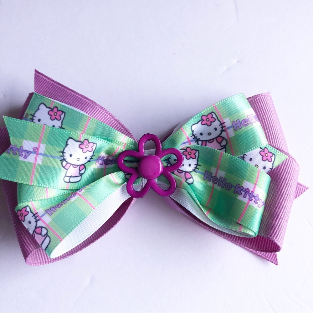 Girls Medium Hello Kitty Purple Green Hair Bow NEW
